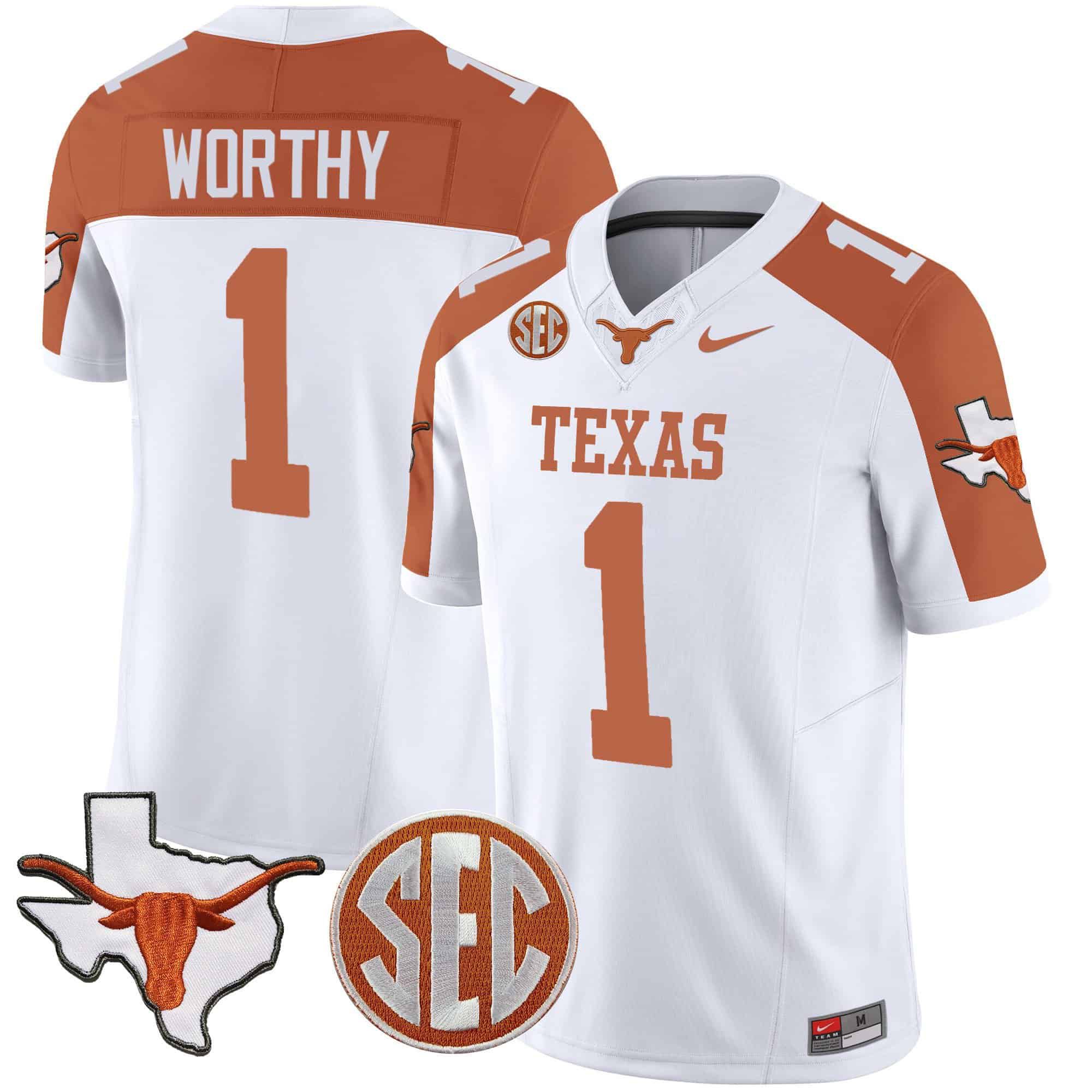 Men Texas Longhorns #1 Worthy White 2024 Nike State Map & SEC Patch Vapor NCAA Jersey style 1